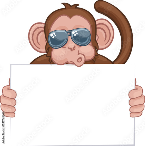 A monkey cool cute happy cartoon character animal wearing sunglasses and holding a blank sign with copy-space