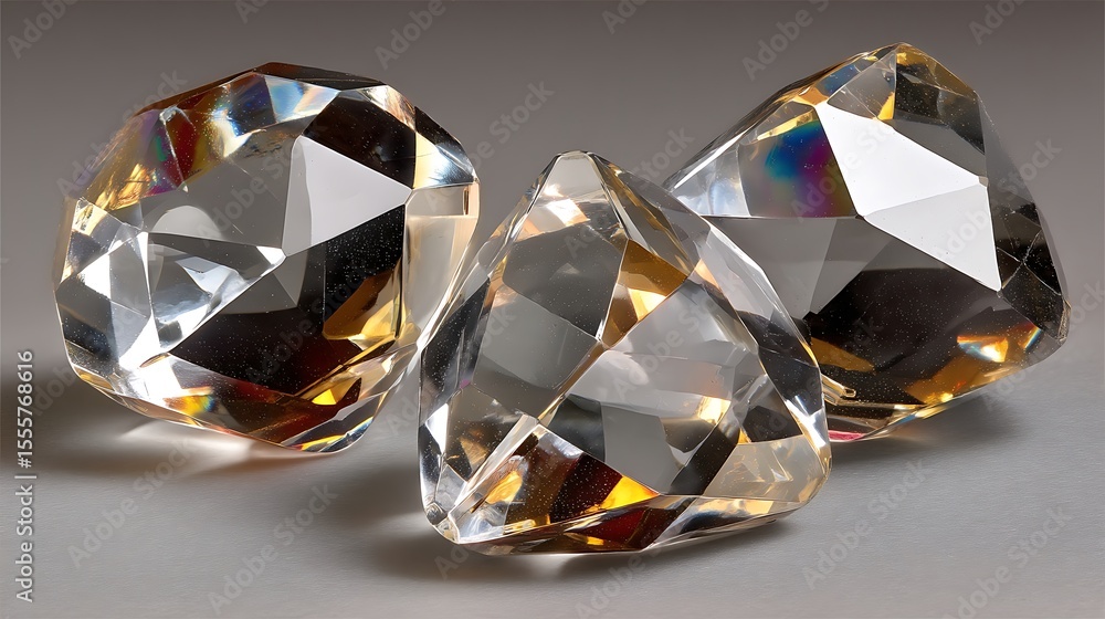 Fototapeta premium three faceted, clear gems rest on a gray surface, casting subtle shadows