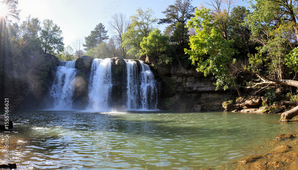 Naklejka premium Serene waterfall cascading into clear pool surrounded by lush greenery 