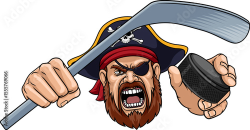 An angry Pirate cartoon character holding hockey stick and puck ice hockey sports team mascot illustration.