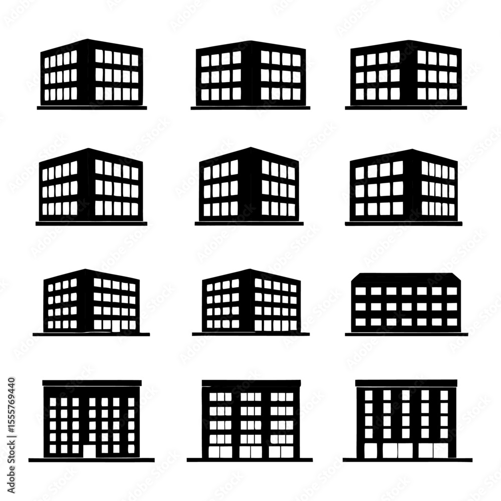 Fototapeta premium A collection of twelve black and white building icons in a grid arrangement