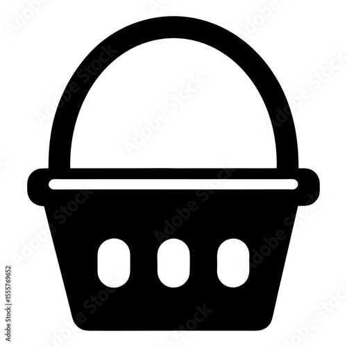 A simple black shopping basket icon with a curved handle and three oval cutouts design