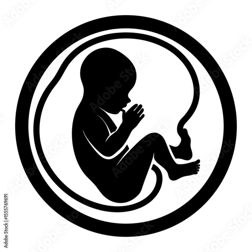 Silhouette illustration of a fetus in utero within a circular womb like structure