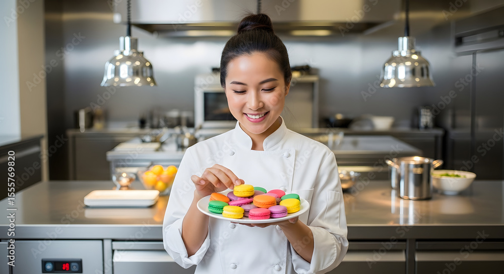 © Natsumae - Delighted Culinary Artist: A skilled chef beams with pride, presenting a vibrant plate of colorful macarons in a bright, modern kitchen, embodying the joy of pastry artistry.