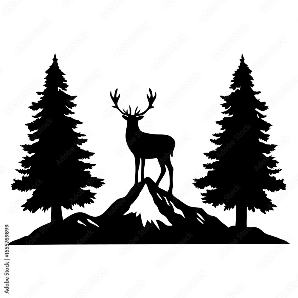 Obraz premium Silhouette of a deer standing on a mountain peak between two pine trees in black and white