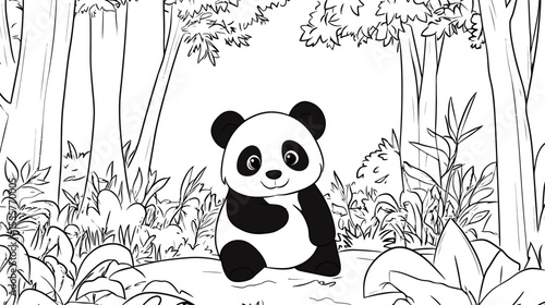Adorable image of a fluffy panda sitting peacefully in a lush green forest, surrounded by bamboo and soft natural light, conveying a sense of innocence, cuteness, wildlife harmony