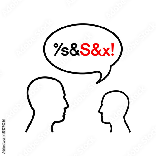 Two head outlines facing each other with a speech bubble containing symbols and red letters