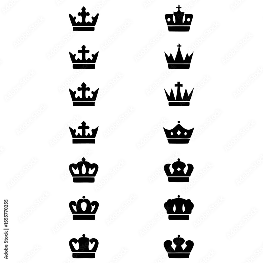 Fototapeta premium A collection of twelve black crown illustrations arranged in a rectangular pattern on white