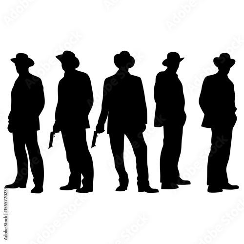 Silhouette of five men in suits and hats holding guns in a row against white background