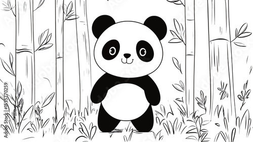 Adorable image of a fluffy panda sitting peacefully in a lush green forest, surrounded by bamboo and soft natural light, conveying a sense of innocence, cuteness, wildlife harmony