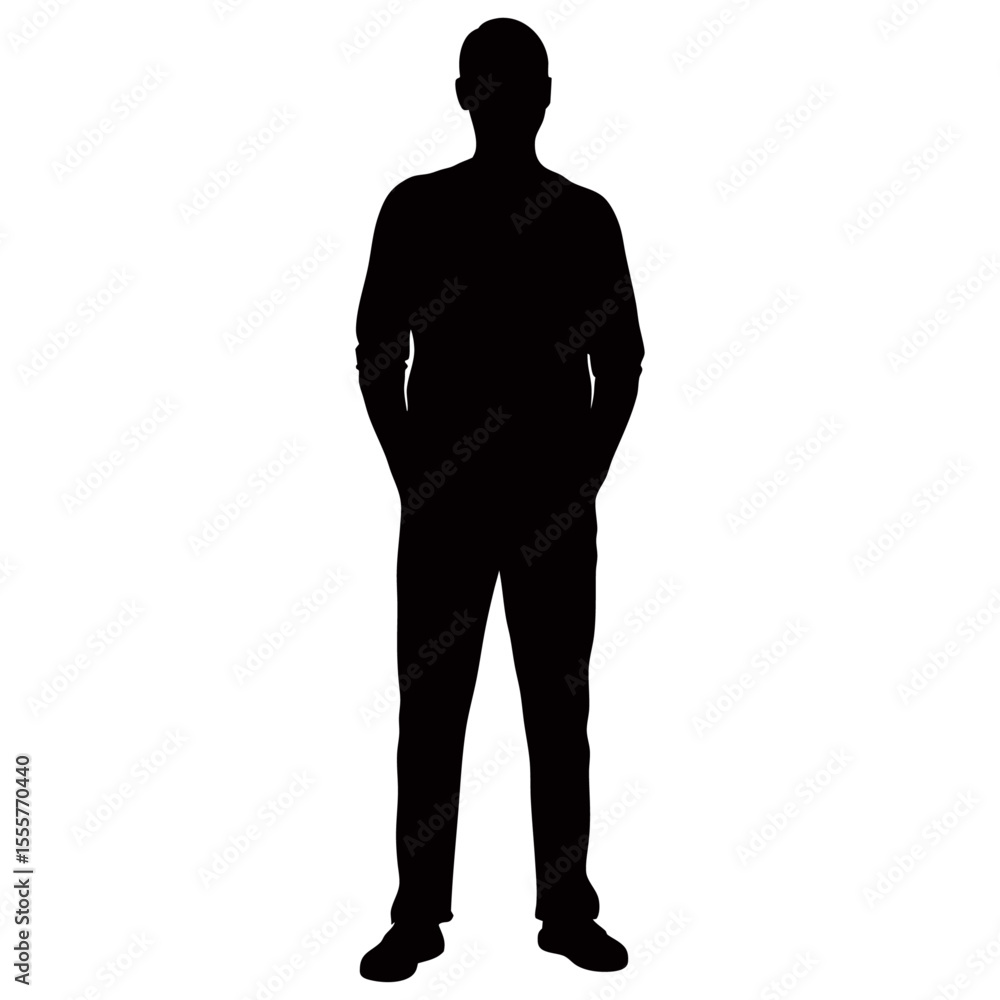 Silhouette of a man standing with hands in pockets against a plain white background Silhouette of a man standing with hands in pockets against a plain white background