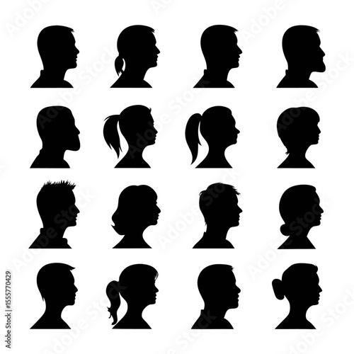 A grid of sixteen black silhouette profiles of diverse individuals facing to the left side