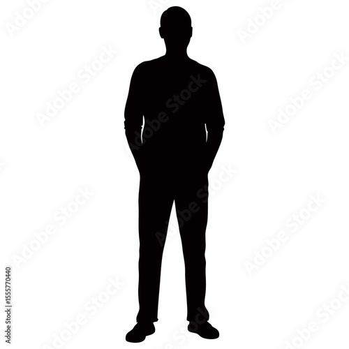 Silhouette of a man standing with hands in pockets against a plain white background