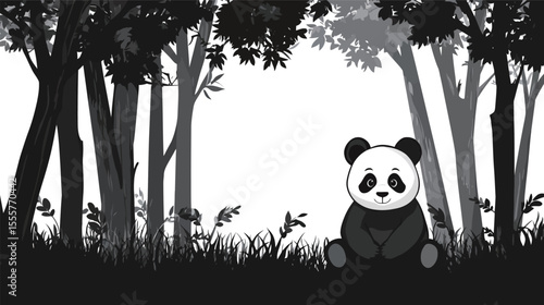 Adorable image of a fluffy panda sitting peacefully in a lush green forest, surrounded by bamboo and soft natural light, conveying a sense of innocence, cuteness, wildlife harmony