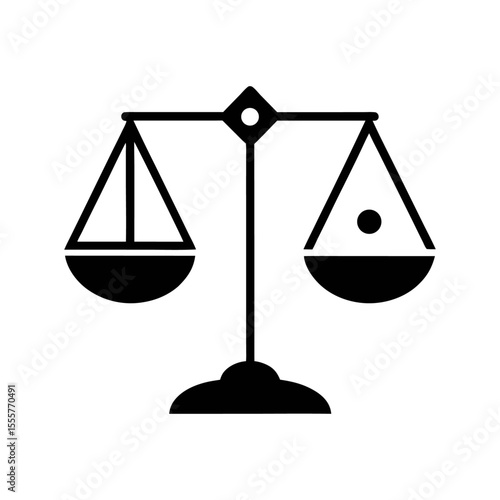 A black and white illustration of a balance scale with unequal weights in the pans shown