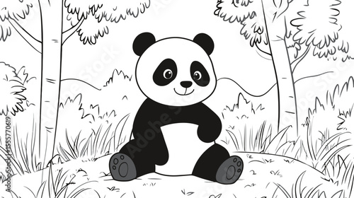 Adorable image of a fluffy panda sitting peacefully in a lush green forest, surrounded by bamboo and soft natural light, conveying a sense of innocence, cuteness, wildlife harmony