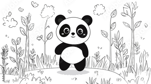 Adorable image of a fluffy panda sitting peacefully in a lush green forest, surrounded by bamboo and soft natural light, conveying a sense of innocence, cuteness, wildlife harmony