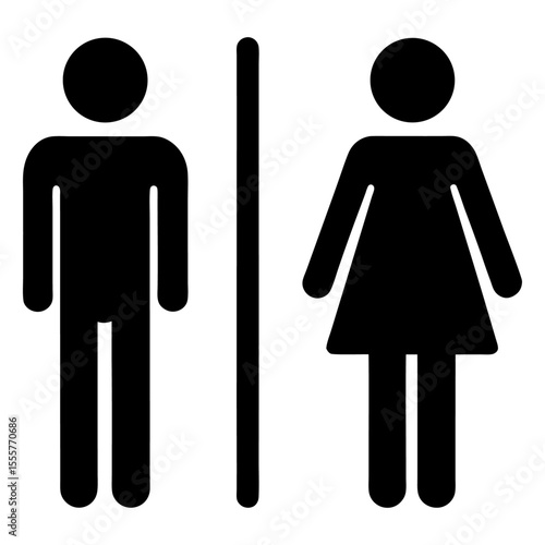 A black and white illustration of male and female restroom symbols with a divider line
