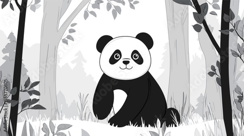 Adorable image of a fluffy panda sitting peacefully in a lush green forest, surrounded by bamboo and soft natural light, conveying a sense of innocence, cuteness, wildlife harmony