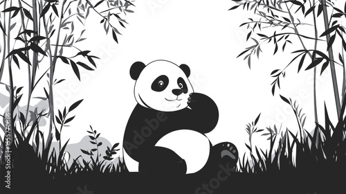 Adorable image of a fluffy panda sitting peacefully in a lush green forest, surrounded by bamboo and soft natural light, conveying a sense of innocence, cuteness, wildlife harmony