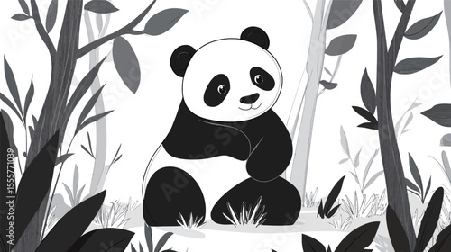 Adorable image of a fluffy panda sitting peacefully in a lush green forest, surrounded by bamboo and soft natural light, conveying a sense of innocence, cuteness, wildlife harmony