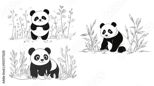 Adorable image of a fluffy panda sitting peacefully in a lush green forest, surrounded by bamboo and soft natural light, conveying a sense of innocence, cuteness, wildlife harmony, 