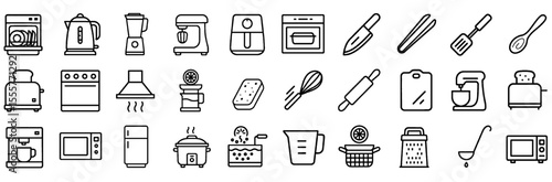 Kitchen Appliances and Cooking Tools Outline Icon Set – Featuring Oven, Blender, Spatula, Mixer, and More. Editable Stroke Vector Icons.