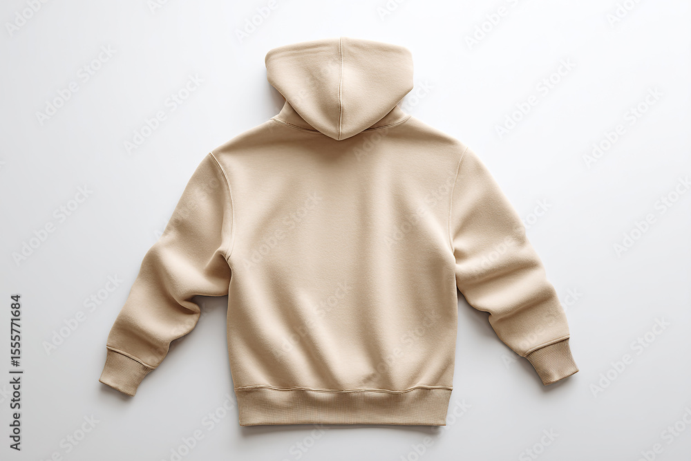A minimalist beige hooded sweatshirt is spread out on a white surface. The hoodie appears brand new, clean, and unworn. A minimalist beige hooded sweatshirt is spread out on a white surface. The hoodie appears brand new, clean, and unworn.