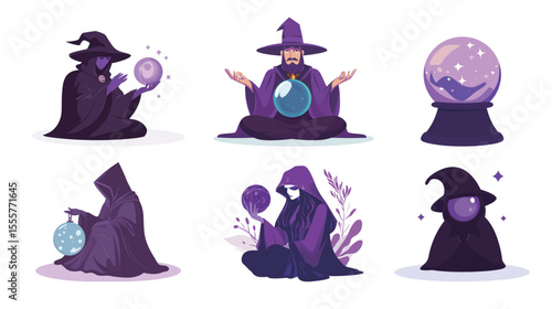 Cursed purple fortune teller illustration featuring mystical elements, glowing eyes, magical crystal ball, and dark enchanted atmosphere, ideal for fantasy art, occult themes, supernatural characters,