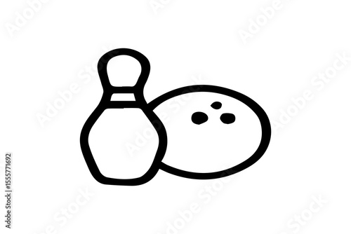 This icon depicts a simple black and white line drawing of a bowling pin next to a bowling ball. The ball features three finger holes, clearly indicating its use in the sport of bowling.