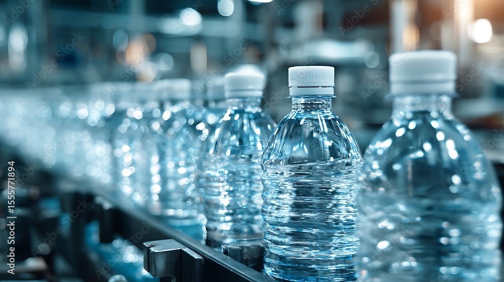 Bottled water production line features clear plastic bottles filled with water, showcasing modern manufacturing process . Bottled water production line features clear plastic bottles filled with water, showcasing modern manufacturing process .