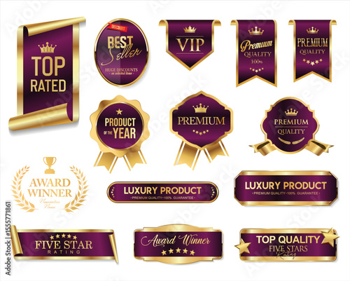 Top rated and award winner gold and purple badge and emblem collection stock illustration