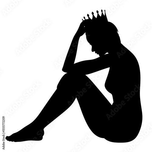 A sad silhouette of a woman wearing a crown sits isolated on white background