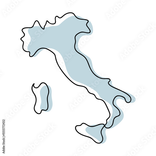 A simple line drawing of the map of italy is isolated on white background