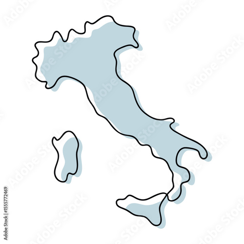 A simple line drawing of the map of italy is isolated on white background