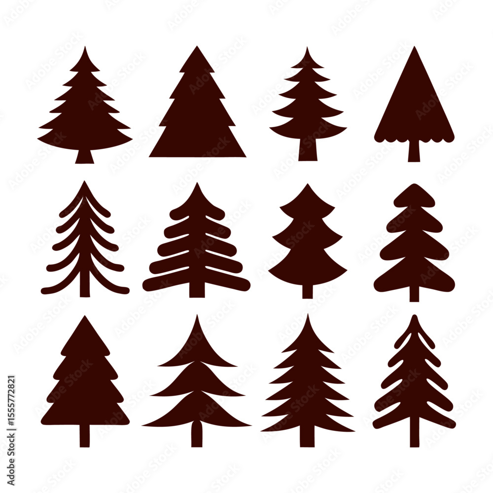 Obraz premium Collection of twelve christmas tree silhouettes in various shapes and designs on white
