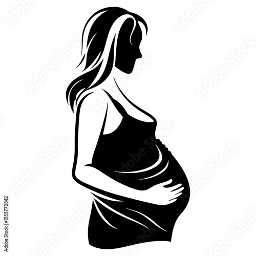 Silhouette illustration of a pregnant woman in a dress holding her belly with her hand