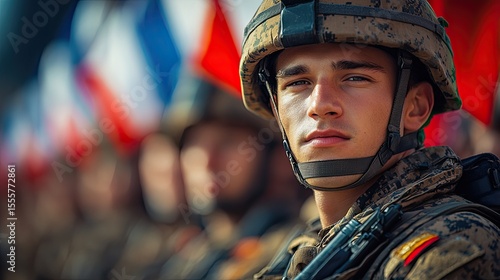 Soldiers marching during French national holiday with tricolor flags and powerful national anthems