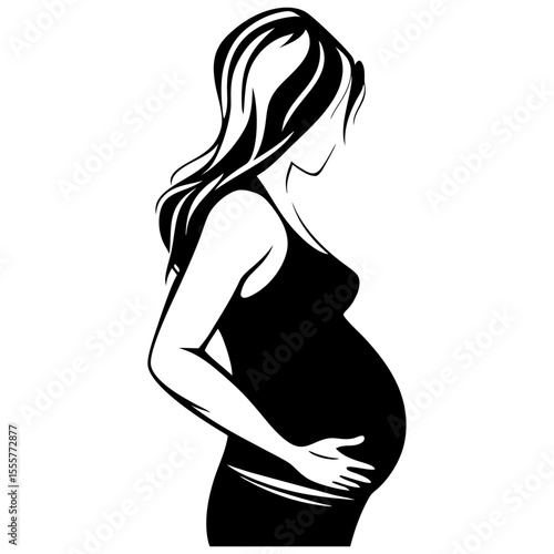 Silhouette illustration of a pregnant woman in a dress with hands on her stomach side view