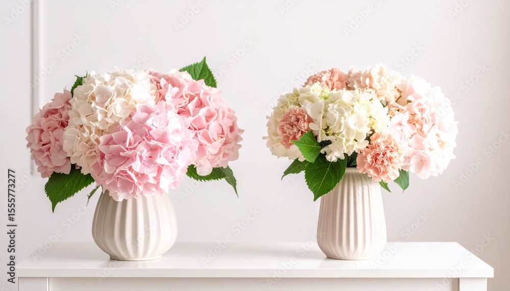 Obraz premium Bouquets of hydrangeas and carnations in pastel colors in vases set on a table. Romantic floral background