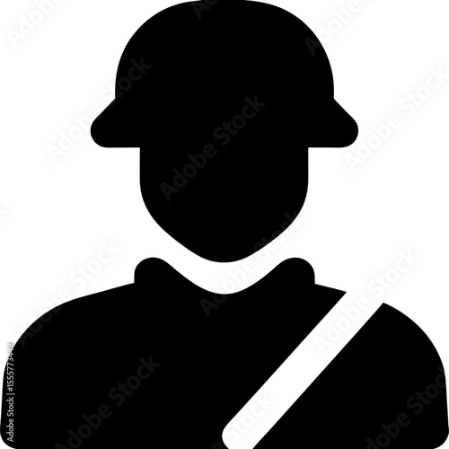 Black silhouette of a person wearing a helmet and a strap across their chest in an icon style