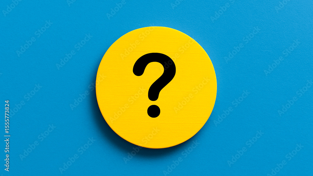 Round wooden circle painted bright yellow with a bold black question mark in the center, placed on a clean blue background, ideal for creative design concepts, FAQ icons, or curious digital graphic el Round wooden circle painted bright yellow with a bold black question mark in the center, placed on a clean blue background, ideal for creative design concepts, FAQ icons, or curious digital graphic el