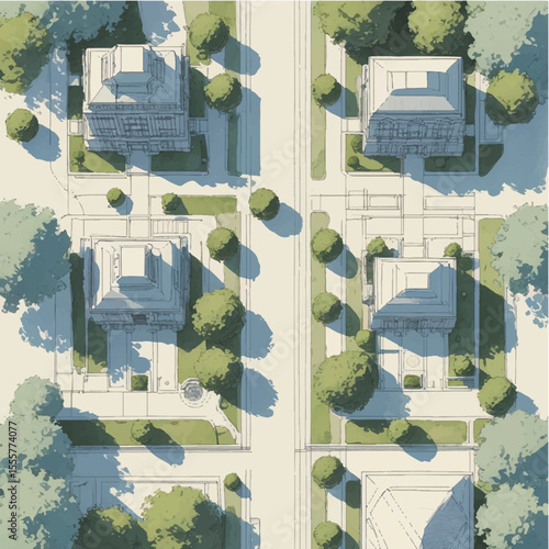 Architectural drawings in minimal style, including top-view elements of people in outdoor park scenes for landscape and site planning.
