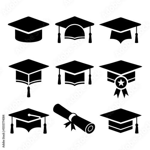 A collection of graduation caps and a diploma scroll in black silhouette on a white background