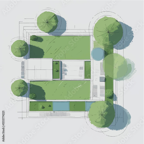 Architectural drawings in minimal style, including top-view elements of people in outdoor park scenes for landscape and site planning.