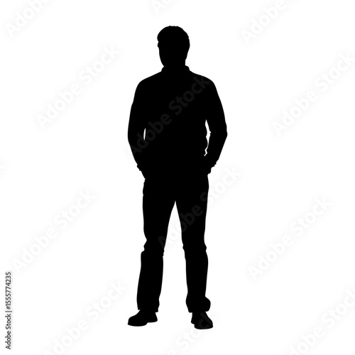 A mans silhouette stands with hands in pockets, isolated on white background