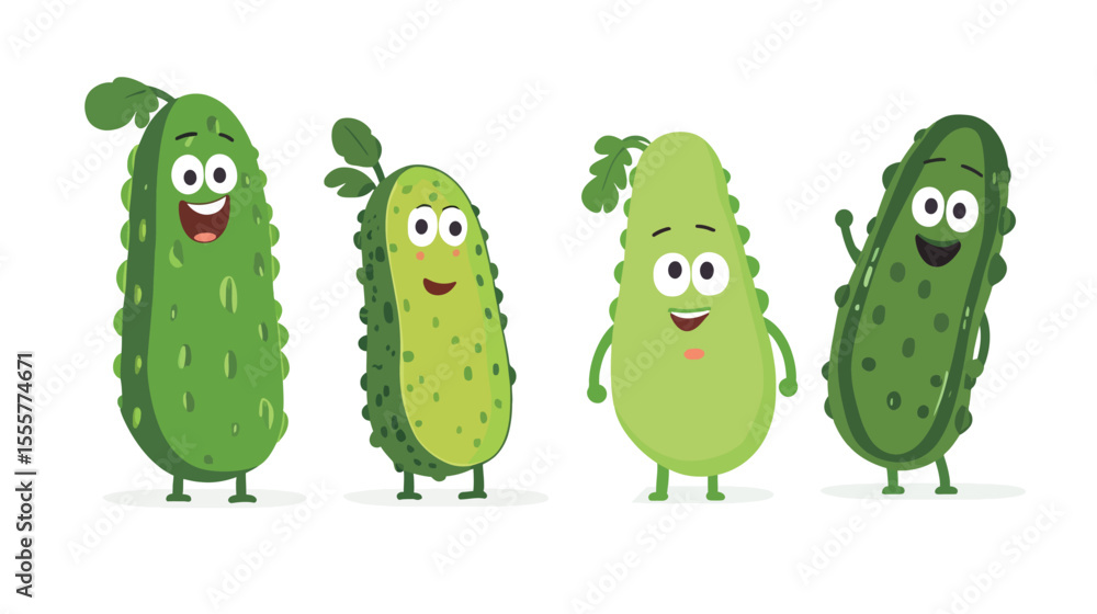 Fototapeta premium Delightful set of cute cartoon pickles with different characters and playful expressions, designed in a cheerful kawaii style, ideal for food-themed illustrations, children’s content