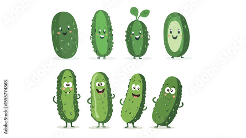 Delightful set of cute cartoon pickles with different characters and playful expressions, designed in a cheerful kawaii style, ideal for food-themed illustrations, children’s content