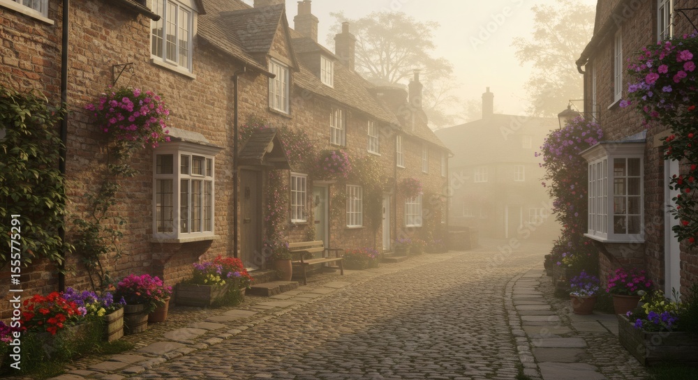 Fototapeta premium English stone village street with floral charm and morning mist
