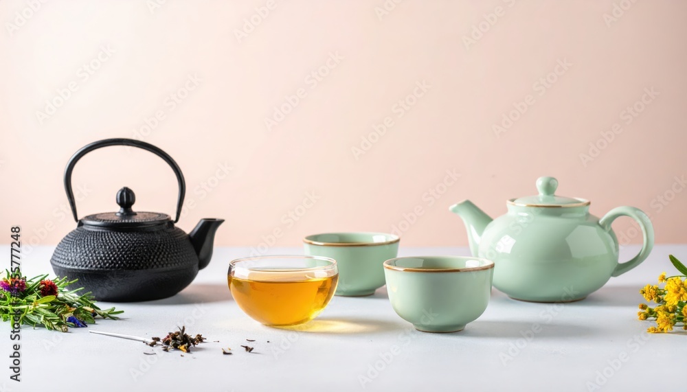 Traditional Asian Tea Set with Herbal Tea and Flowers on Light Background – Minimalist Zen Tea Ceremony Concept Traditional Asian Tea Set with Herbal Tea and Flowers on Light Background – Minimalist Zen Tea Ceremony Concept